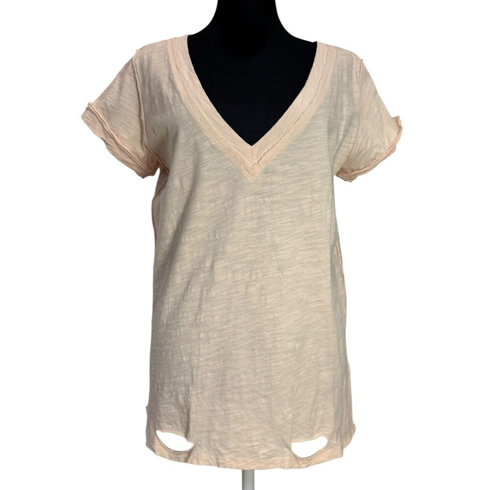 Umgee Women's Blush Pink Folded Sleeve Distressed Top Deep V-Neck Top Size Small